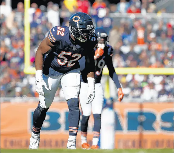  ?? JEFF HAYNES/AP ?? Bears outside linebacker Khalil Mack lines up against the Patriots on Oct. 21 in Chicago. The Patriots won 38-31.