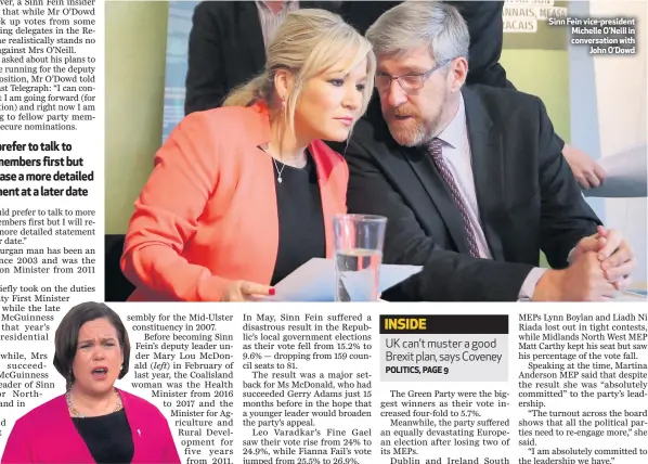  ??  ?? Sinn Fein vice-president Michelle O’Neill in conversati­on with
John O’Dowd