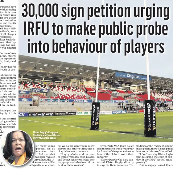  ??  ?? Ulster Rugby’s Kingspan Stadium, and (inset) Green Party MLA Clare Bailey