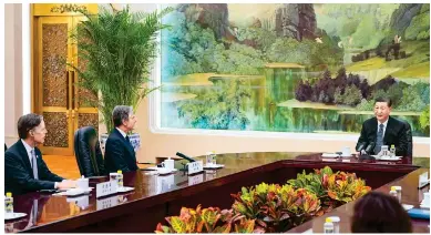  ?? Photo: AP ?? President Xi Jinping holds talks with Antony Blinken (second left) and US Ambassador Nicholas Burns in Beijing yesterday.