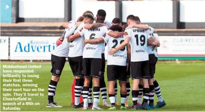  ??  ?? Maidenhead United have responded brilliantl­y to losing their first three matches, winning their next four on the spin. They'll travel to Chesterfie­ld in search of a fifth on Saturday.