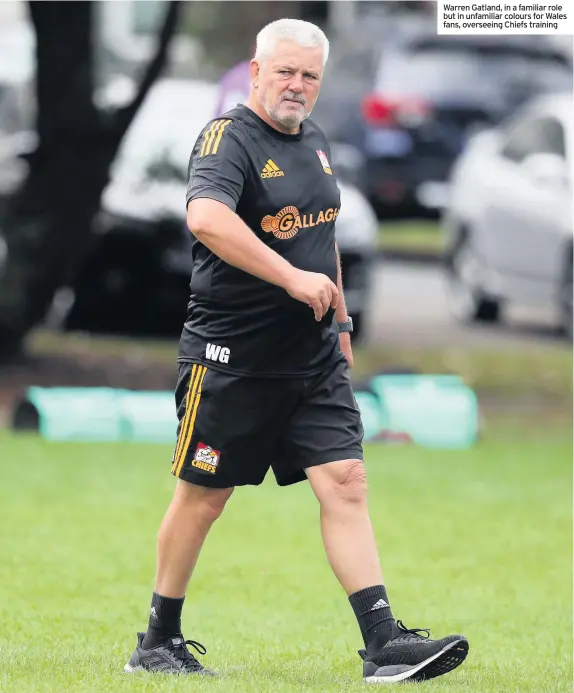  ??  ?? Warren Gatland, in a familiar role but in unfamiliar colours for Wales fans, overseeing Chiefs training