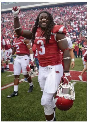  ?? (Democrat-Gazette file photo) ?? Alex Collins, who ranks second on Arkansas’ career rushing yards list with 3,703 yards in 201315, died in a motorcycle crash at Lauderdale Lakes, Fla., in August.