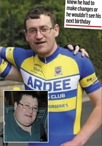  ??  ?? Garry Marron in his Ardee cycling gear and inset, before he lost the weight.