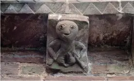  ??  ?? A 12th-century sheela na gig on the outside of the chancel apse of Kilpeck church, Herefordsh­ire. Photograph: Mick Sharp/Alamy