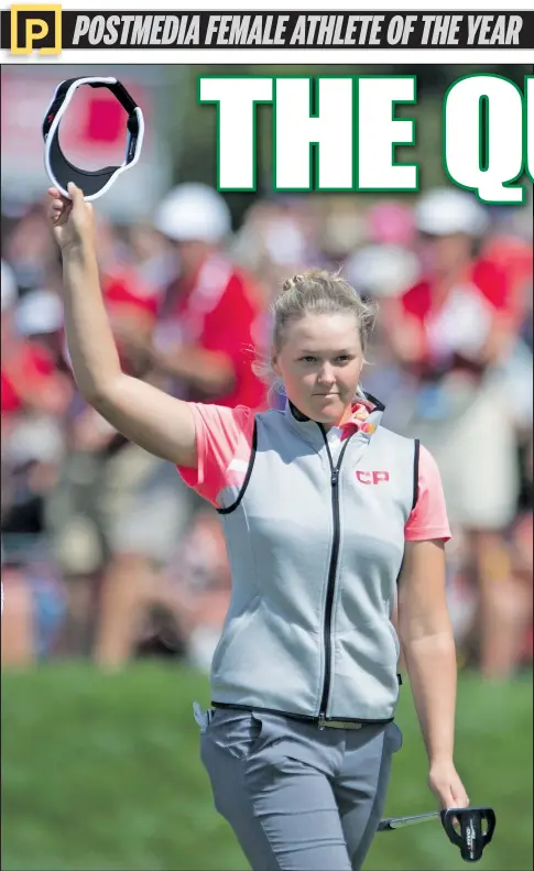  ??  ?? Hometown heroine Brooke Henderson waves to the gallery after wrapping up her course-record eight-under 63 in the third round of the Canadian Open at Ottawa Hunt.