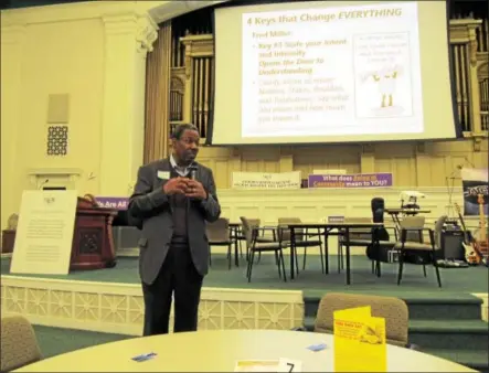  ?? PHOTO PROVIDED ?? Fred Miller, CEO and lead strategist for The Kaleel Jamison Consulting Group, speaks at the Troy 100 Forum held Monday night at Bush Memorial Hall in downtown Troy.