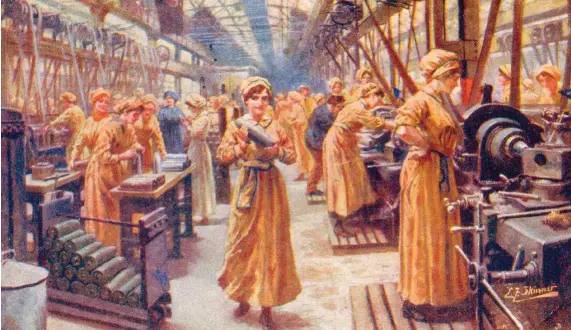  ??  ?? ARTILLERÍA PESADA.Sobre estas líneas, una postal de la factoría inglesa de metalurgia Cammell Laird que muestra el momento en que las mujeres tomaron las riendas de la cadena de producción de proyectile­s, durante la I Guerra Mundial.