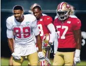  ?? KARL MONDON — BAY AREA NEWS GROUP ?? San Francisco 49ers tight end Jordan Matthews watches drills during practice, Tuesday in Santa Clara.