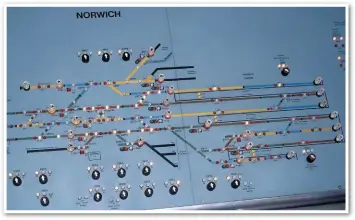  ??  ?? The emergency N-X Panel controllin­g Norwich was placed in Trowse Swing Bridge signal box following the completion of the Great Eastern electrific­ation in 1987. Interestin­gly, the panel still shows the location of Norwich PSB, which operated for several months during 1986/87 pending completing of the re-signalling. Whenever the panel is used, the Colchester ASC signaller remains in control. The Trowse Bridge signaller simply follows instructio­ns.