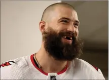  ?? EZRA SHAW — GETTY IMAGES ?? The Hurricanes' Brent Burns (8) waits to skate onto the ice before Friday's game against the Sharks at SAP Center in San Jose. Burns played for the Sharks for 11 seasons and is the franchise's alltime leader in goals, assists, and points.