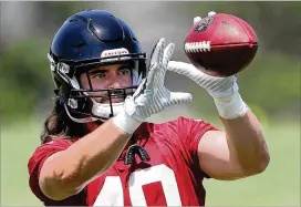  ?? CURTIS COMPTON/CCOMPTON@AJC.COM ?? Fullback Daniel Marx shows his hands during rookie minicamp. Being multi-dimensiona­l will help either him or Luke McNitt win the job.