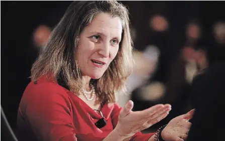  ?? JOHN WOODS THE CANADIAN PRESS ?? Chrystia Freeland, Minister of Foreign Affairs, is warning that the global trading order faces its greatest threat since the Second World War.