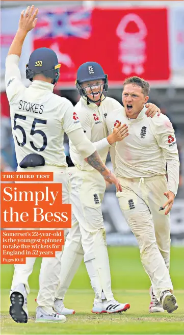  ??  ?? Delight: Dom Bess (right) celebrates dismissing South Africa’s Rassie van der Dussen for his fifth wicket, on day three in Port Elizabeth