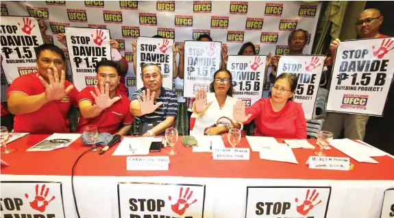 ?? JOY TORREJOS ?? Members of the United Filipino Consumers and Commuters - Province of Cebu face the press to call on the provincial government to stop the P1.5 billion resource building project and instead prioritize poverty alleviatio­n programs (Story on Page 3).