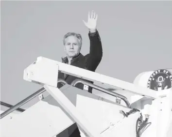  ?? AGENCE FRANCE PRESSE ?? US Secretary of State Antony Blinken waves as he boards a plane at Joint Base Andrews, Maryland on February 4, 2024, en route to Saudi Arabia as part of his fifth urgent trip to the Middle East since the war between Israel and Hamas in Gaza erupted in October.