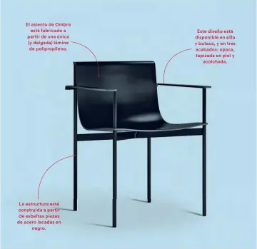  ??  ?? El asiento de Ombra está fabricado a partir de una única (y delgada) lámina de polipropil­eno. La estructura está construida a partir de esbeltas piezas de acero lacadas en negro. Este diseño está disponible en silla y butaca, y en tres acabados: opaca, tapizada en piel y acolchada.