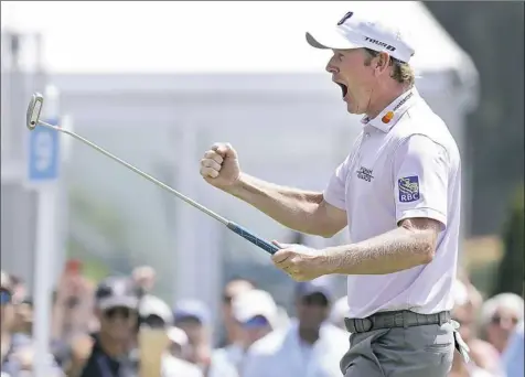  ?? Chuck Burton / AP Photo ?? Brandt Snedeker reacts after making a birdie putt on the ninth hole Thursday in the first round of the Wyndham Championsh­ip in Greensboro, N.C., en route to a 59.