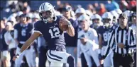  ?? Icon Sportswire via Getty Images ?? Yale quarterbac­k Nolan Grooms rushes down the field against Columbia in 2019 in New Haven.