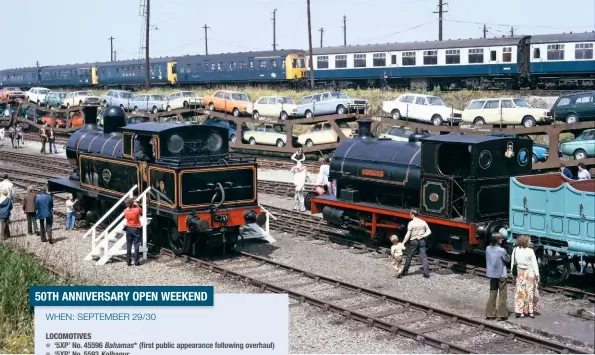  ??  ?? A scene full of period interest in 1975 as Tyseley’s main line yard plays host to contempora­ry DMUs and a consignmen­t of new Hillman cars, while ‘Lanky’ 2-4-2T No. 1008 and Peckett 0-4-0ST Rocket attract the most attention.