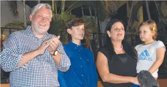  ?? Picture: NATASHA EMECK ?? CLP candidate Kathy Ganley as she concedes defeat for the seat of Solomon and thanks her supporters. Pictured with husband Tom, son Tormison and daughter Nina