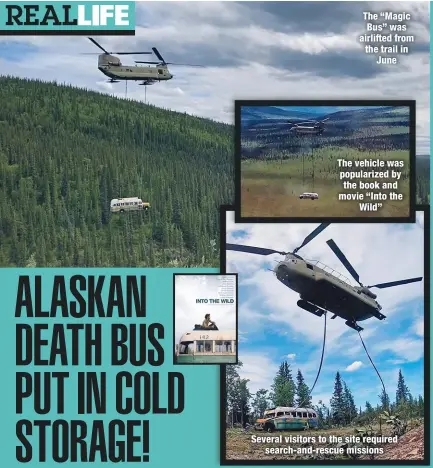  ??  ?? The “Magic Bus” was airlifted from the trail in
June
The vehicle was popularize­d by the book and movie “Into the
Wild”
Several visitors to the site required
search-and-rescue missions