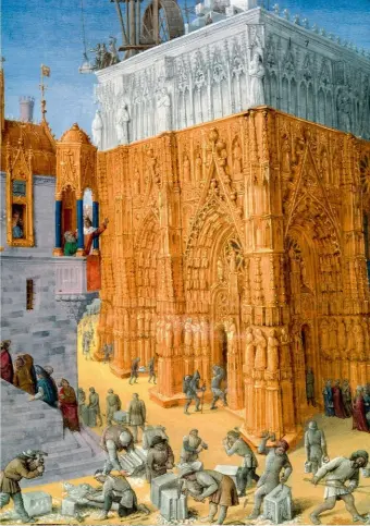  ??  ?? Cette célèbre miniature de Jean Fouquet, Constructi­on du temple de Jérusalem par ordre du roi Salomon, extraite du manuscrit Les Antiquités judaïques, de Flavius Josèphe, sacralise la cathédrale médiévale, chefd’oeuvre absolu.