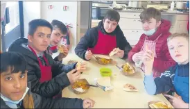  ?? ?? Den Antony, Paddy Molloy, Kasper Sieradzki, Martin Jusic, Joel Roche and Tadgh O’Sullivan of Coláiste an Chraoibhín, enjoying their feast.