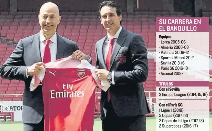  ?? FOTO: EFE ?? Ivan Gazidis y Unai Emery oficializa­ron ayer el fichaje del exentrenad­or del Paris SG