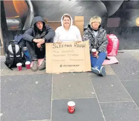  ??  ?? On the streets Sammy Brown, along with her friends Daniel Bath and Sharon Moir slept rough in Glasgow to raise money for charity