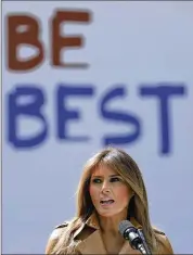  ?? WIN MCNAMEE / GETTY IMAGES ?? First lady Melania Trump speaks May 7 in the Rose Garden of the White House as she announces her childhood well-being initiative­s. Trump, 48, a former model from Slovenia, was treated Monday for a benign kidney condition.