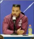  ?? THE ASSOCIATED PRESS FILE ?? LSU running back Derrius Guice speaks scouting combine in Indianapol­is.