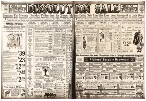  ?? (Arkansas Democrat-Gazette) ?? Pfeifer Bros. advertised “the largest money-raising sale that has ever been attempted in Little Rock” with this double-truck ad in the March 3, 1921, Arkansas Gazette.