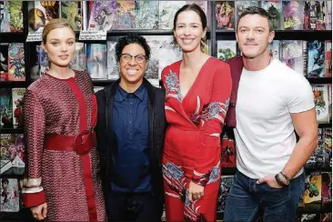  ?? LARS NIKI/GETTY IMAGES FOR ANNAPURNA ?? From left, Bella Heathcote, Angela Robinson, Rebecca Hall and Luke Evans promote “Professor Marston and the Wonder Women” in New York on Oct. 9.