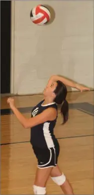  ??  ?? Oakwood Christian setter Becca Mares prepares to serve during last week's opener at Lookout Valley. (Messenger photo/Scott Herpst)