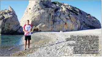  ?? ?? The Queen’s Baton visited the ‘birthplace of Aphrodite’ in Paphos where it was carried by Greek Cypriot swimmer Nikolas Antoniou
