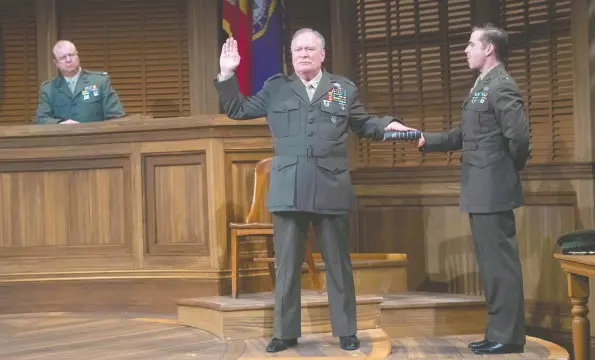  ?? [HILARY GAULD CAMILLERI] ?? Randy Hughson, Benedict Campbell and Amos Crawley in a scene from the Drayton Entertainm­ent production of A Few Good Men, now on stage in St. Jacobs.