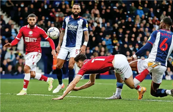  ?? ?? Bristol City’s Callum O’Dowda sends a header towards the West Brom goal in Saturday’s Championsh­ip game at The Hawthorns