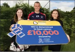  ??  ?? Rangers’ Kenny Miller joins Karen Mathie, left, and Dawn Ferguson to announce a 10,000 donation to Beatson Cancer Charity