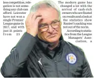  ?? GETTY IMAGES ?? The threat of relegation didn’t go down well with Leicester bosses and Claudio Ranieri paid the price.