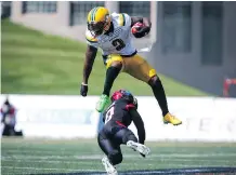  ?? JEFF MCINTOSH/ THE CANADIAN PRESS ?? All-star Stamps defensive back Ciante Evans will miss Saturday’s rematch against C.J. Gable and the Esks.