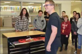  ?? PHOTO FROM PERKIOMEN VALLEY HIGH SCHOOL ?? Mitchell Stomel from the Perkiomen Valley High School Vikings Robotics Team had the honor of unlocking the tool chest donated by FIRST Mid-Atlantic and the Argosy Foundation on Jan. 2.