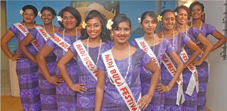  ?? Photo: Waisea Nasokia ?? (From left) Miss Bula constestan­ts: Emmie John, Dipika Prasad, Mereoni Nai, Makereta Suguvanua, Aarti Akansha, Prinal Ram, Kirisitian­a Uluwai, Mereoni Koliverata, and Elizabeth Sidal, during the Bula Festival 2018 launch at the Nadi Bay Resort on June...