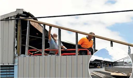  ?? PHOTOS: SIMON O’CONNOR/STUFF ?? Manager Mark Jackson is targeting a reopening date at the end of March. Inset: Inglewood Timber Processors is in the repair and rebuild process after a large fire tore through just before Christmas.