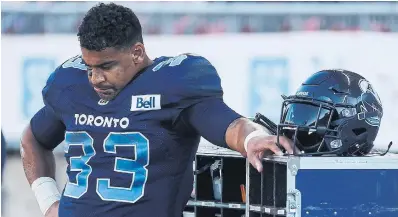  ?? STEVE RUSSELL TORONTO STAR FILE PHOTO ?? Argonauts running back Andrew Harris was third in CFL rushing when he went down with an injury last week in Hamilton.