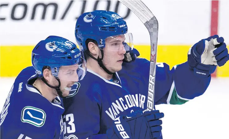  ?? — THE CANADIAN PRESS FILES ?? Canucks centre Bo Horvat, right, celebratin­g his goal with teammate Sven Baertschi, has turned it on offensivel­y this year to lead Vancouver in points.