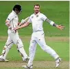  ??  ?? Dale Steyn, a thorn in the Black Caps side, claims the wicket of opener Tom Latham during the first test in Durban.