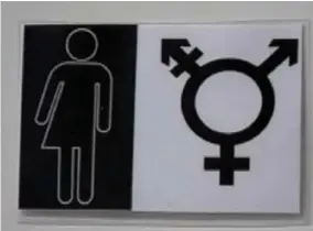  ?? FOTO ATV ?? De nieuwe iconen op de toiletdeur­en: het mannetje+vrouwtje links en de samensmelt­ing van de verschille­nde seksesymbo­len.