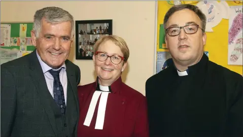  ??  ?? Rev Katherine Kehoe, who was welcomed as Minister of Gorey and Arklow Methodist Churches, pictured with her husband John Kehoe and Rev Andrew Dougherty of the Dublin district.