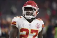  ?? ERIC CHRISTIAN SMITH - THE ASSOCIATED PRESS ?? FILE - In this Oct. 8, 2017, file photo, Kansas City Chiefs running back Kareem Hunt warms up for the team’s NFL football game against the Houston Texans in Houston. The Chiefs released Hunt on Friday, Nov. 30, 2018, after video surfaced that showed the NFL’s reigning rushing champion knocking over and kicking a woman in a Cleveland hotel hallway in February.